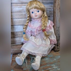 Vintage Porcelain Doll With Braids And Pink Lace Dress Musical Wind Up